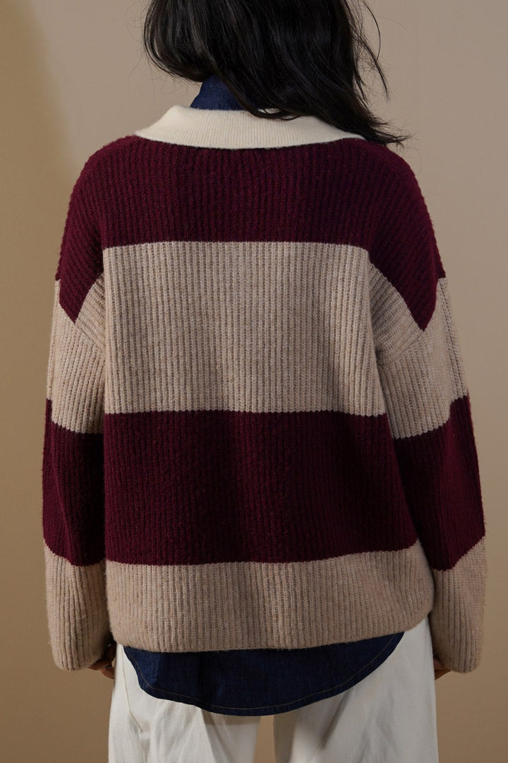 BURGUNDY VARSITY STRIPE SWEATER