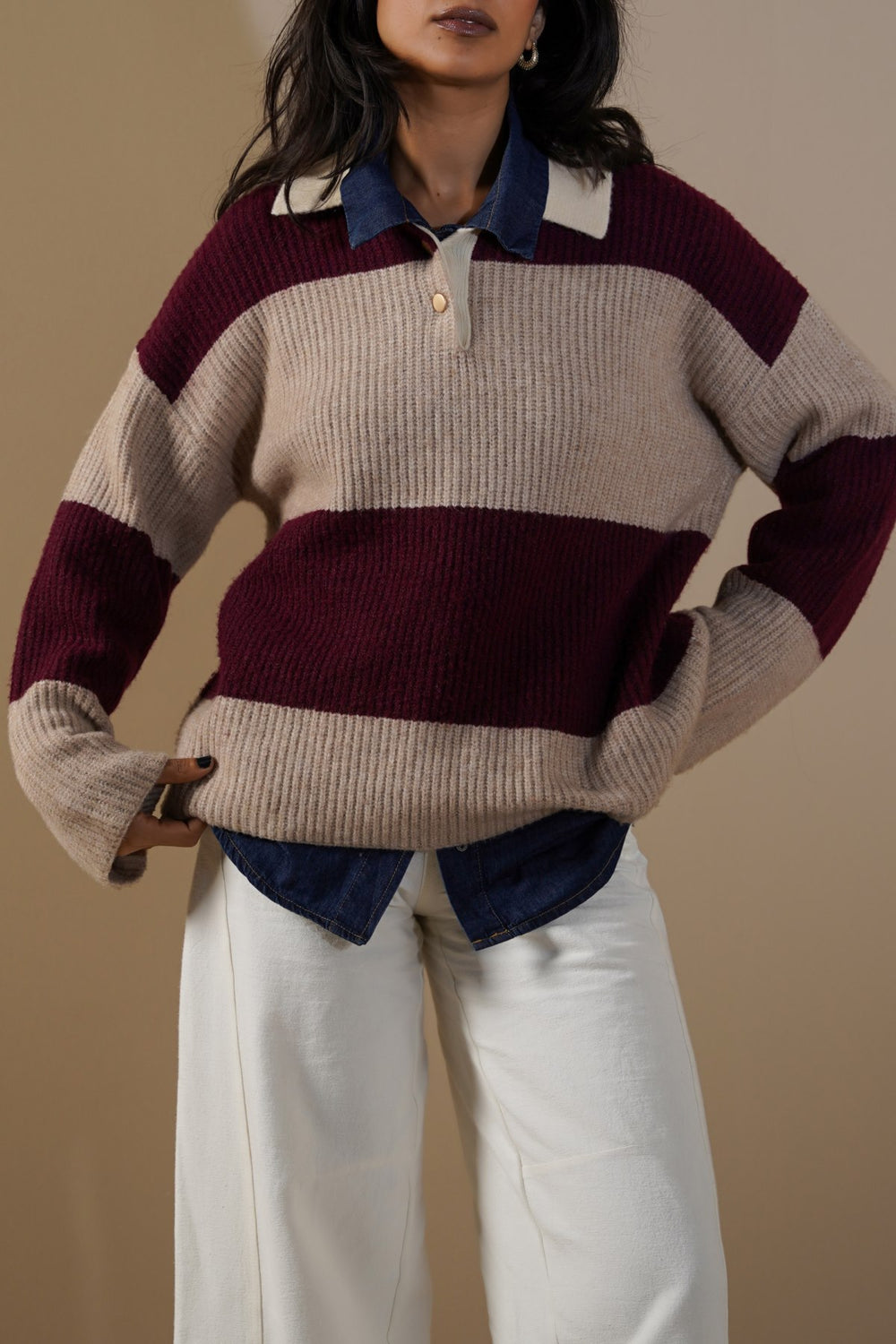 BURGUNDY VARSITY STRIPE SWEATER