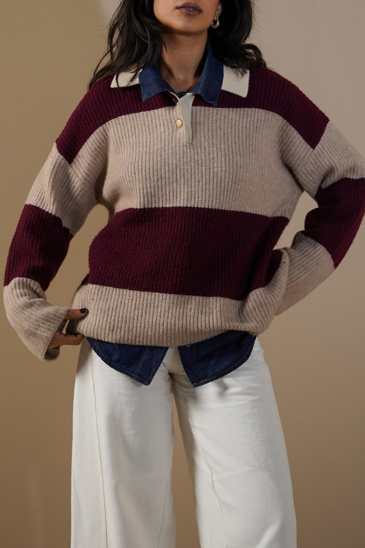 BURGUNDY VARSITY STRIPE SWEATER
