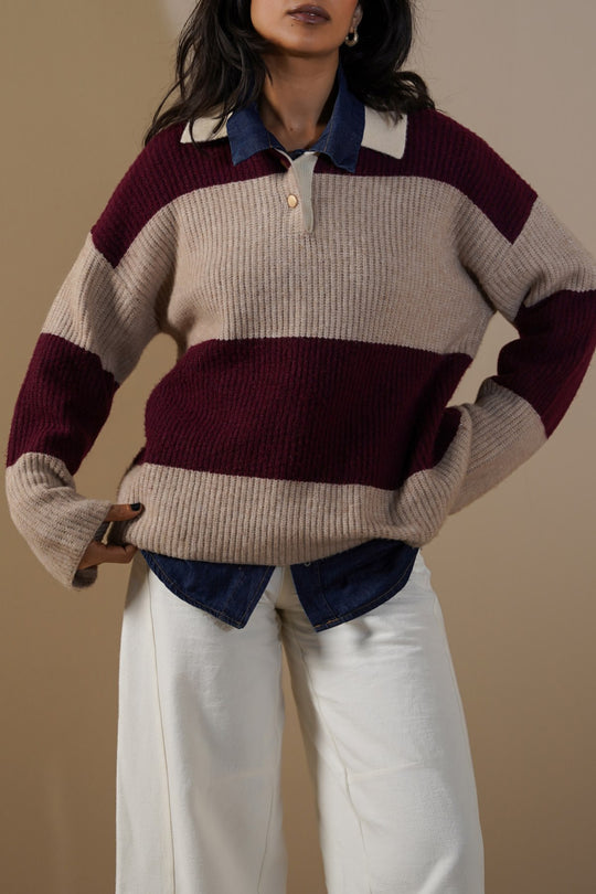 BURGUNDY VARSITY STRIPE SWEATER