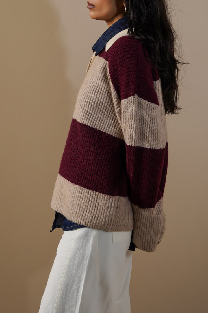 BURGUNDY VARSITY STRIPE SWEATER