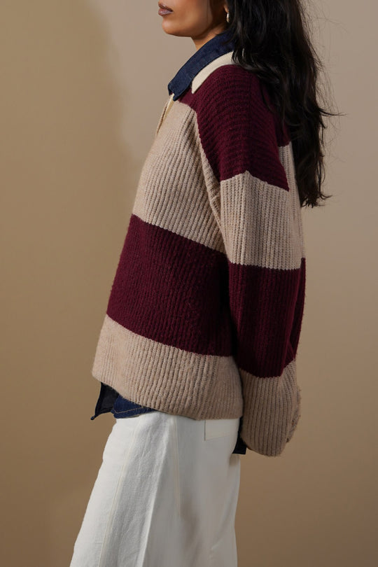 BURGUNDY VARSITY STRIPE SWEATER