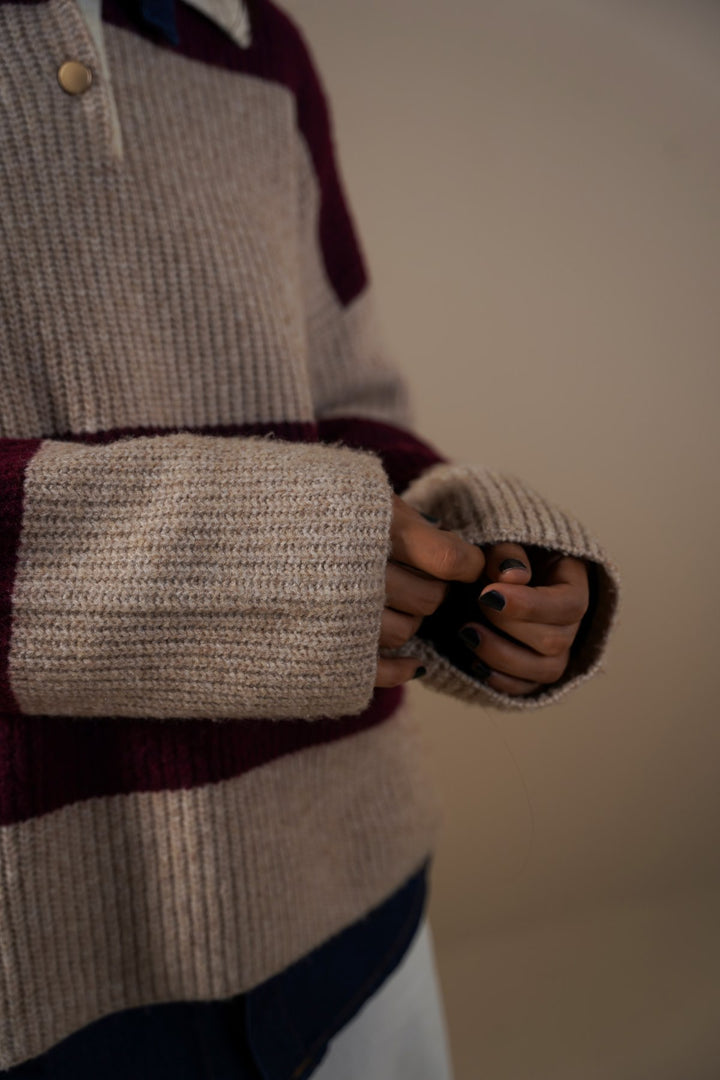 BURGUNDY VARSITY STRIPE SWEATER