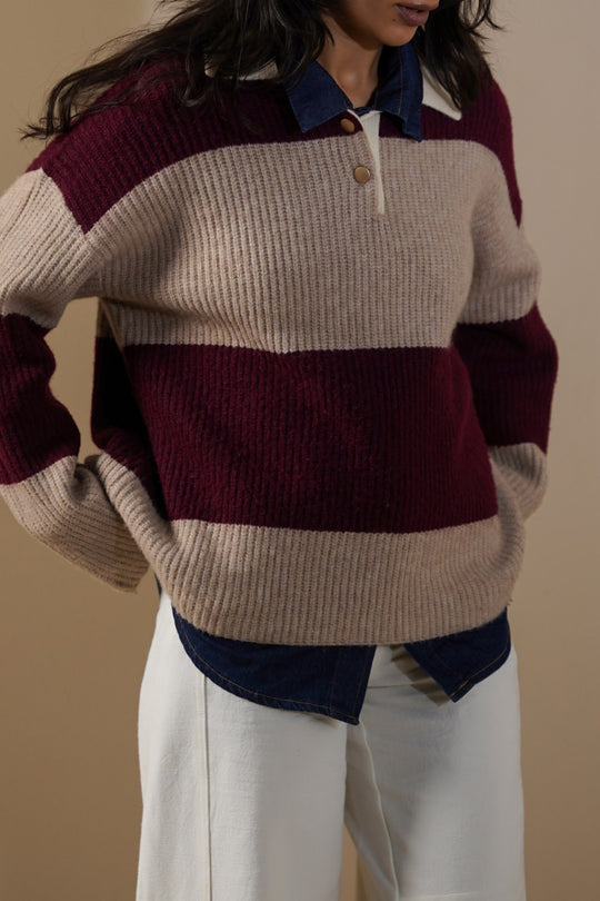 BURGUNDY VARSITY STRIPE SWEATER