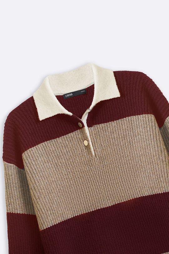 BURGUNDY VARSITY STRIPE SWEATER