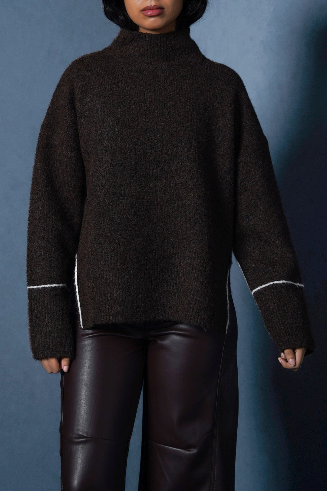BROWN LINEA MOCKNECK SWEATER