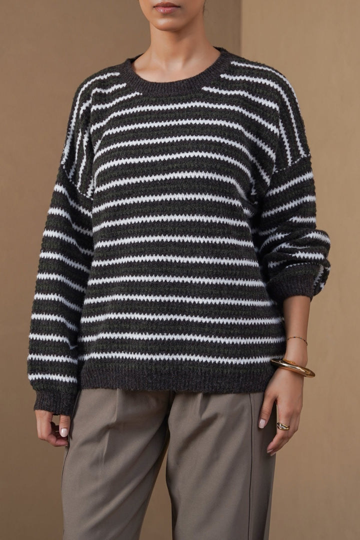 BROWN PINSTRIPE WEAVE SWEATER