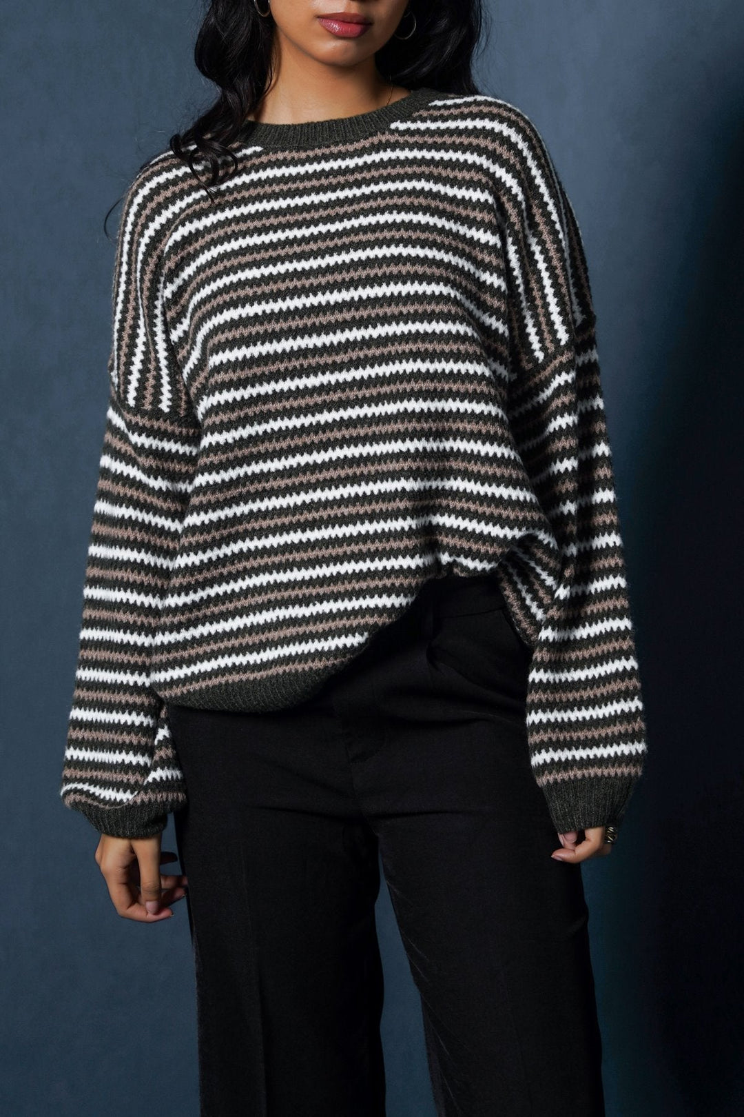 GREEN PINSTRIPE WEAVE SWEATER