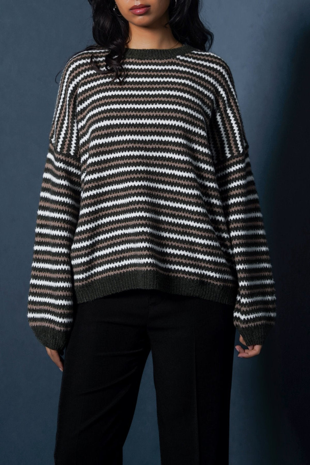 GREEN PINSTRIPE WEAVE SWEATER