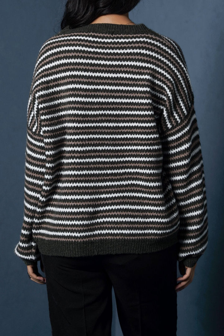 GREEN PINSTRIPE WEAVE SWEATER