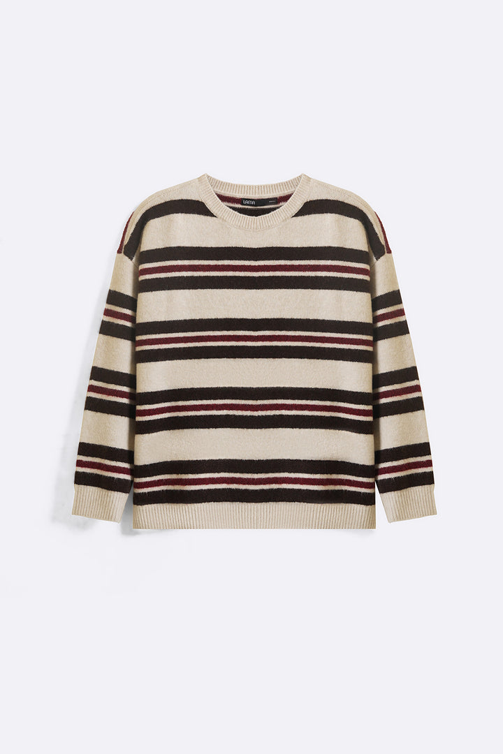 WHITE BROWN CAMPUS STRIPE SWEATER