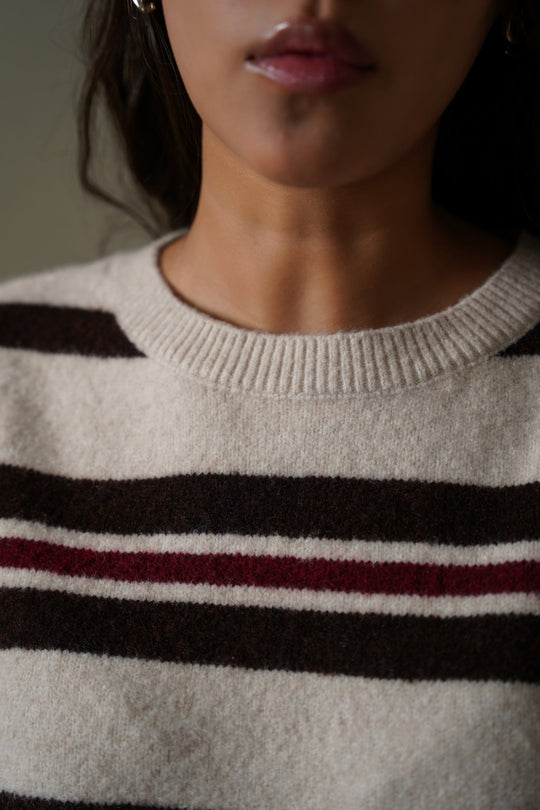 WHITE BROWN CAMPUS STRIPE SWEATER