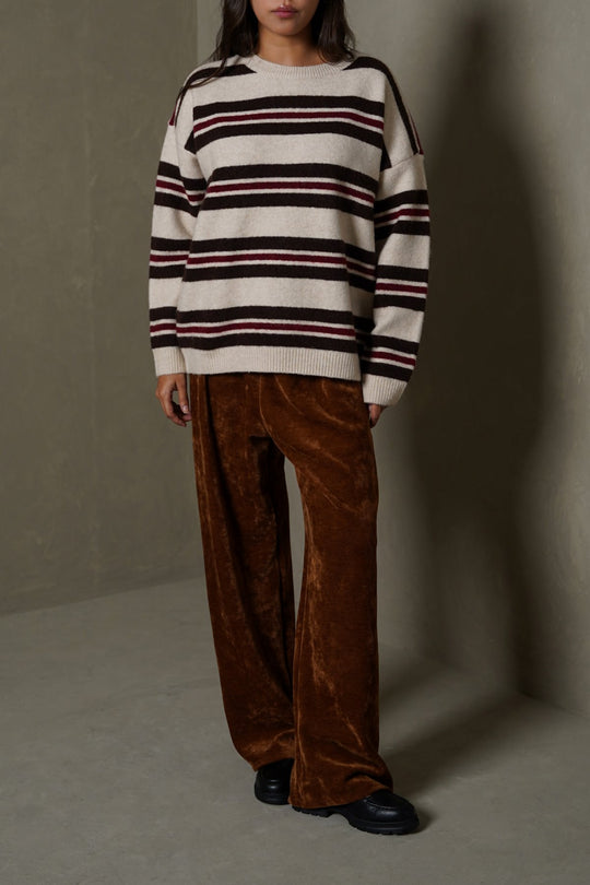 WHITE BROWN CAMPUS STRIPE SWEATER