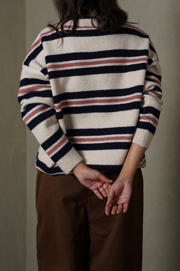 WHITE NAVY CAMPUS STRIPE SWEATER