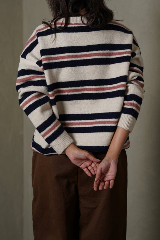 WHITE NAVY CAMPUS STRIPE SWEATER