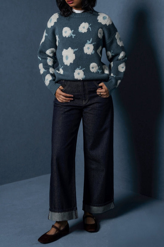 TEAL FLORAL EMBROIDERED JUMPER