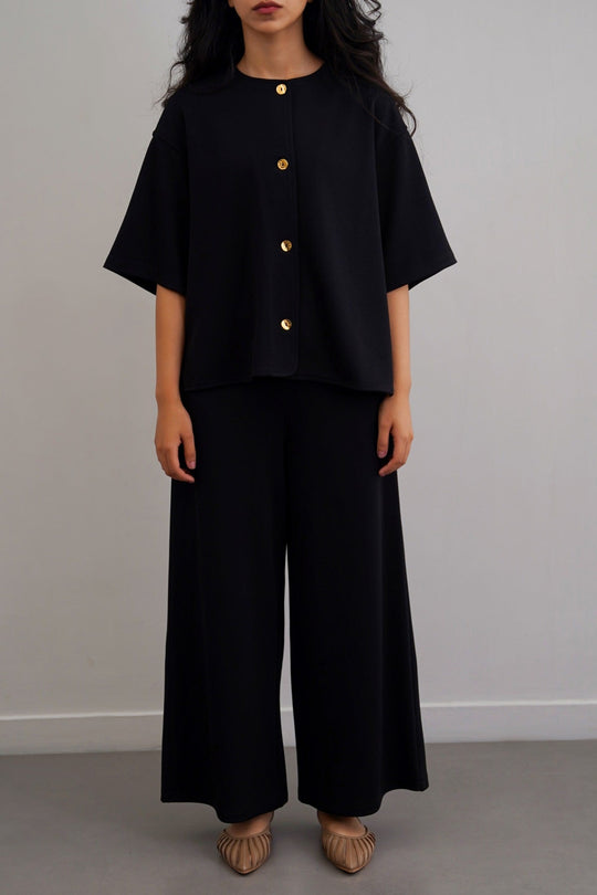 BLACK TWILL TEXTURED BLOUSE