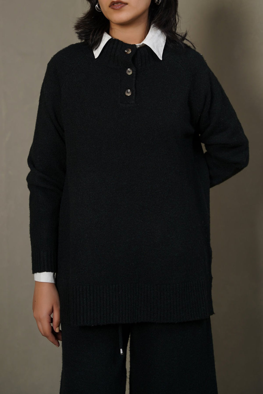 DARK GREEN HENLEY RIBBED PULLOVER