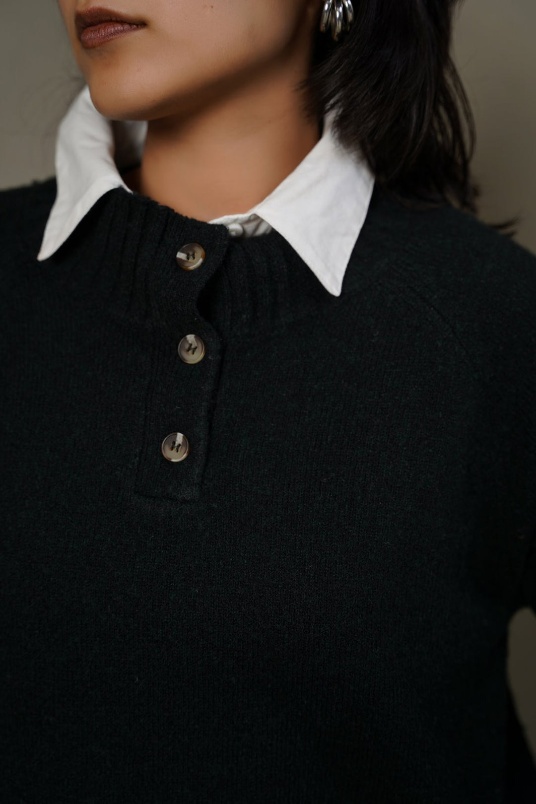 DARK GREEN HENLEY RIBBED PULLOVER