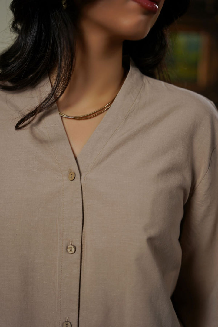 BEIGE BAMBOO LINEN BLEND SHIRT