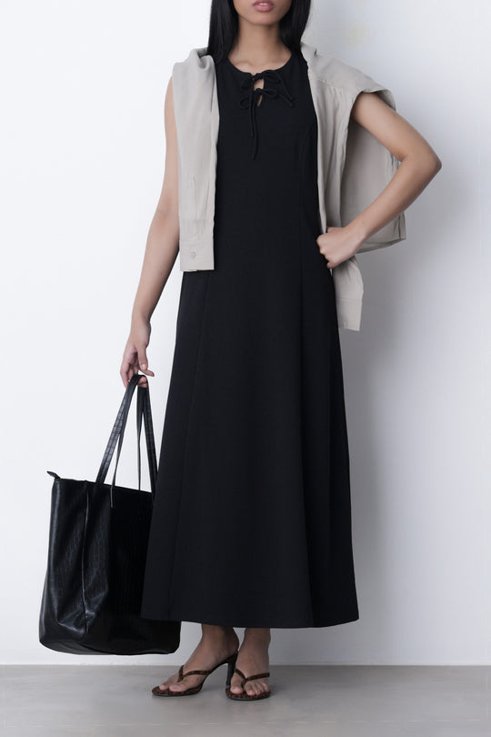 BLACK FRONT TIE NECK DRESS