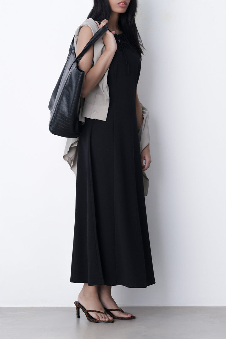 BLACK FRONT TIE NECK DRESS
