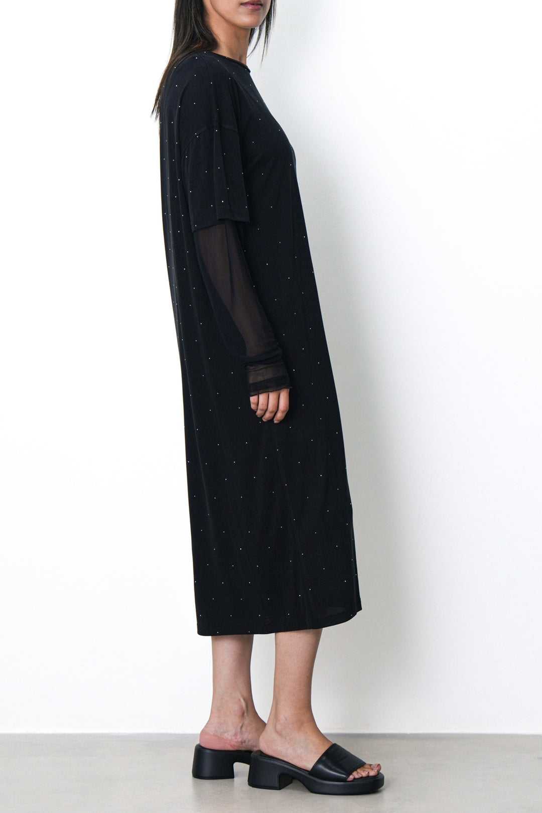BLACK MESH CUFF MAXI DRESS