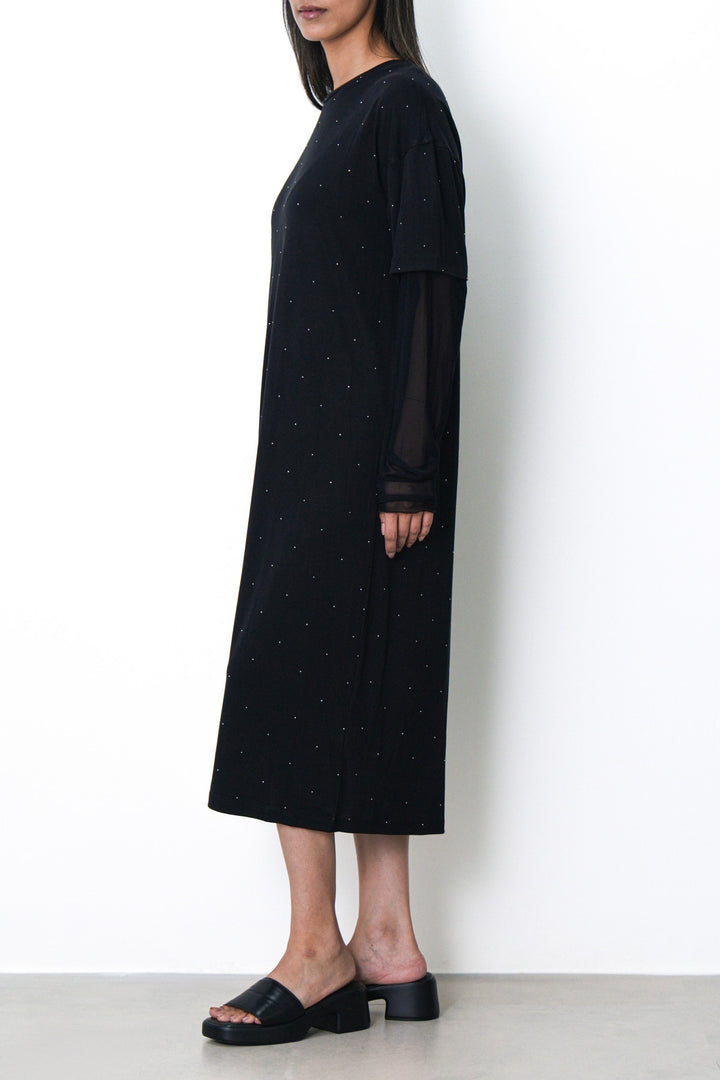 BLACK MESH CUFF MAXI DRESS