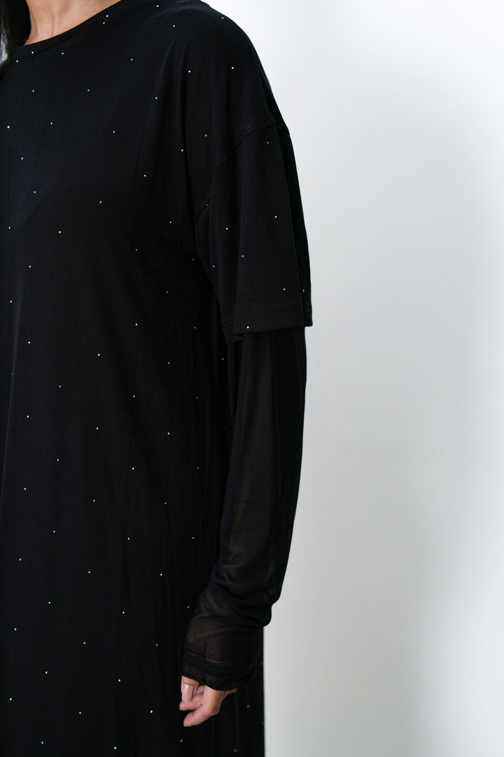 BLACK MESH CUFF MAXI DRESS