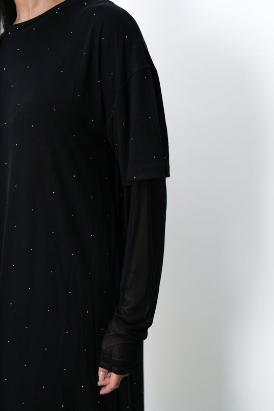 BLACK MESH CUFF MAXI DRESS