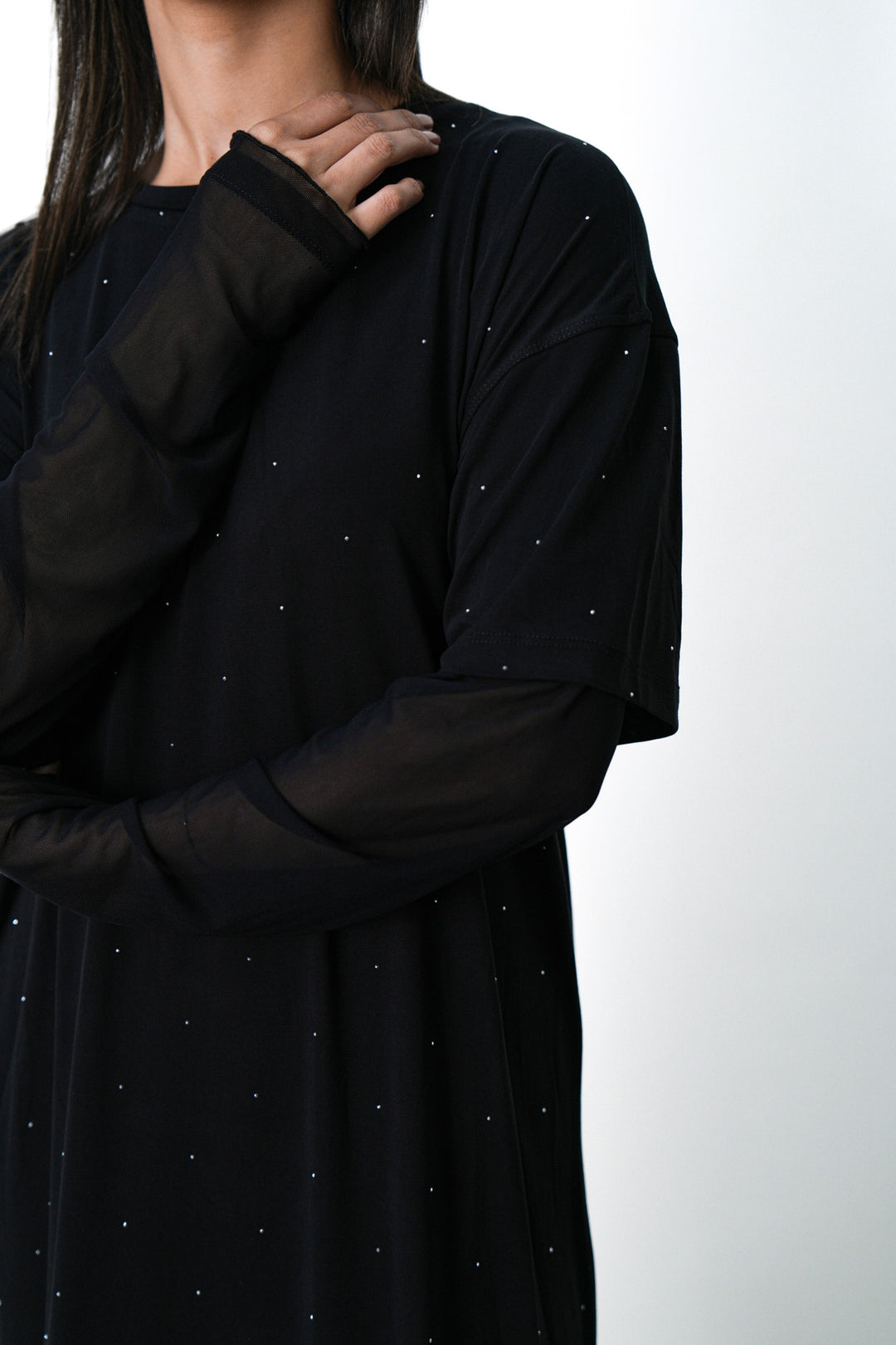 BLACK MESH CUFF MAXI DRESS