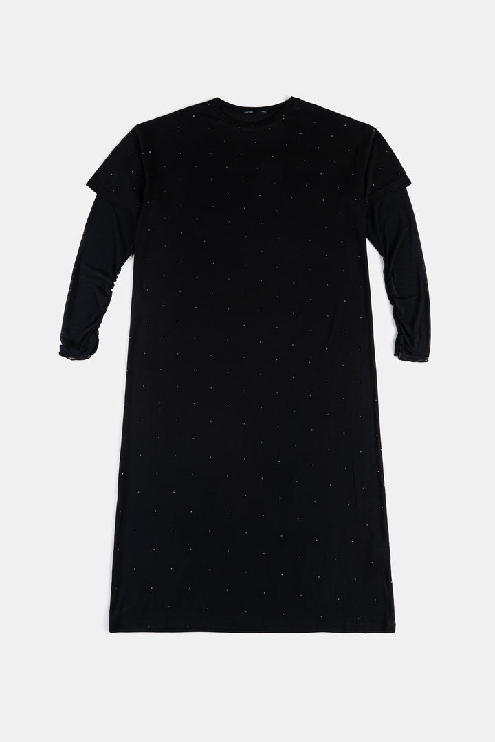 BLACK MESH CUFF MAXI DRESS