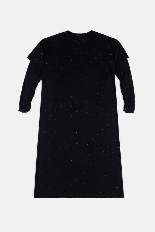 BLACK MESH CUFF MAXI DRESS