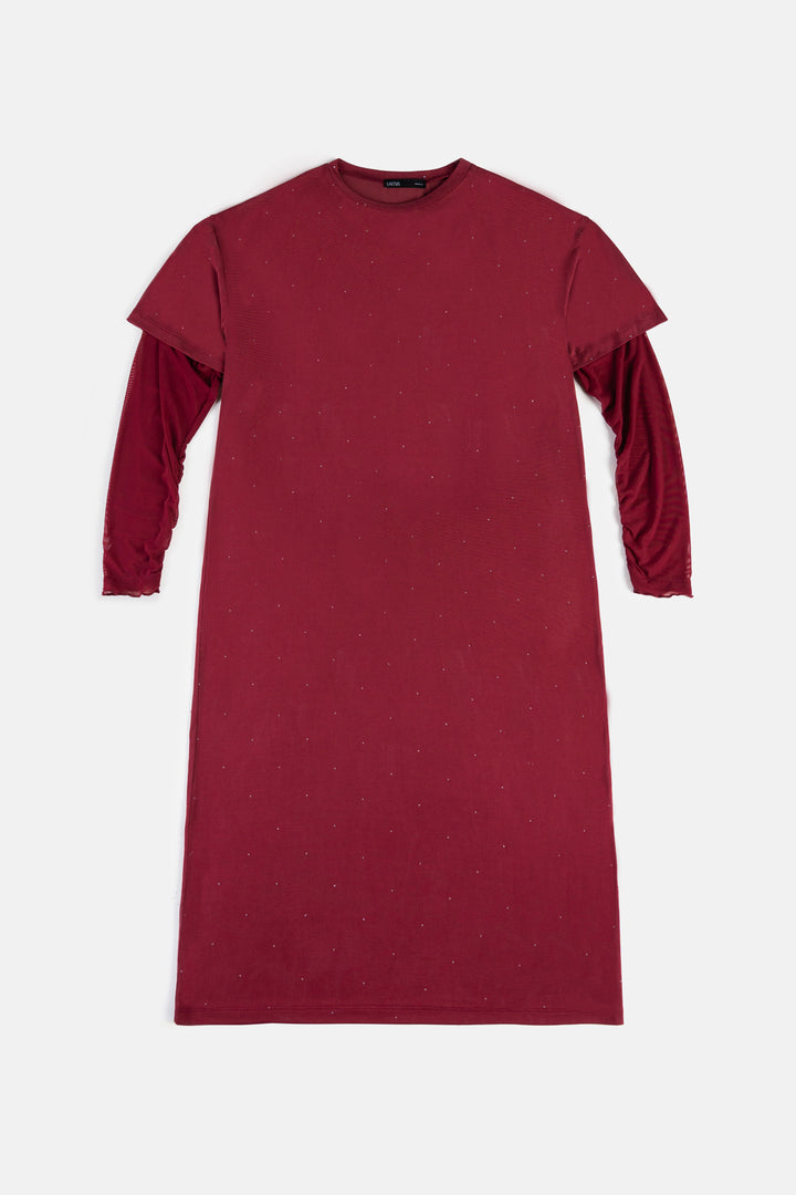 BURGUNDY MESH CUFF MAXI DRESS