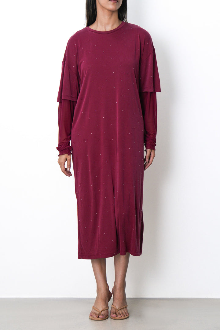 BURGUNDY MESH CUFF MAXI DRESS