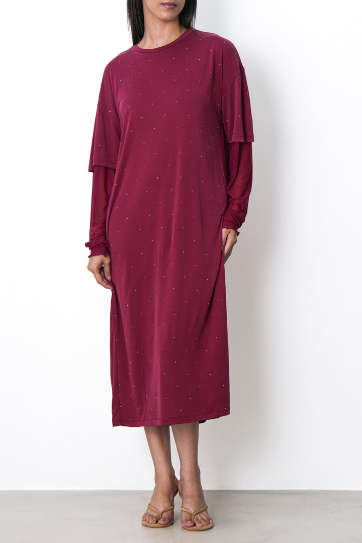 BURGUNDY MESH CUFF MAXI DRESS