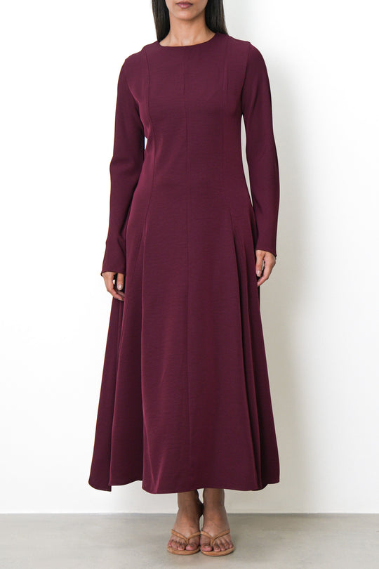 BURGUNDY SCULPT FLARE DRESS