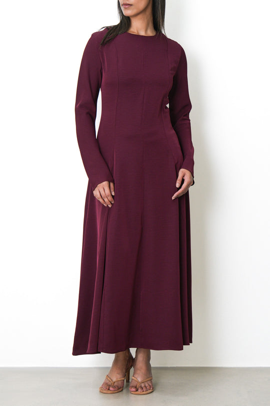 BURGUNDY SCULPT FLARE DRESS