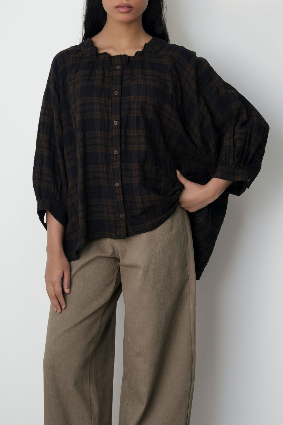 BROWN PLAID LOOSE BLOUSE
