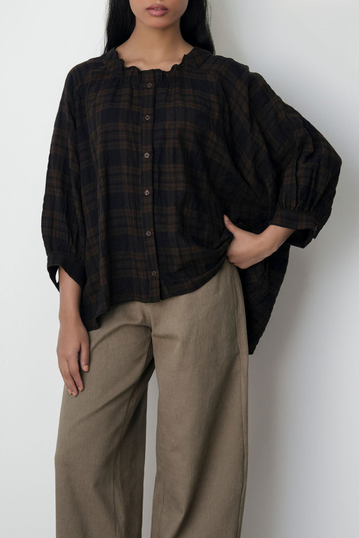 BROWN PLAID LOOSE BLOUSE