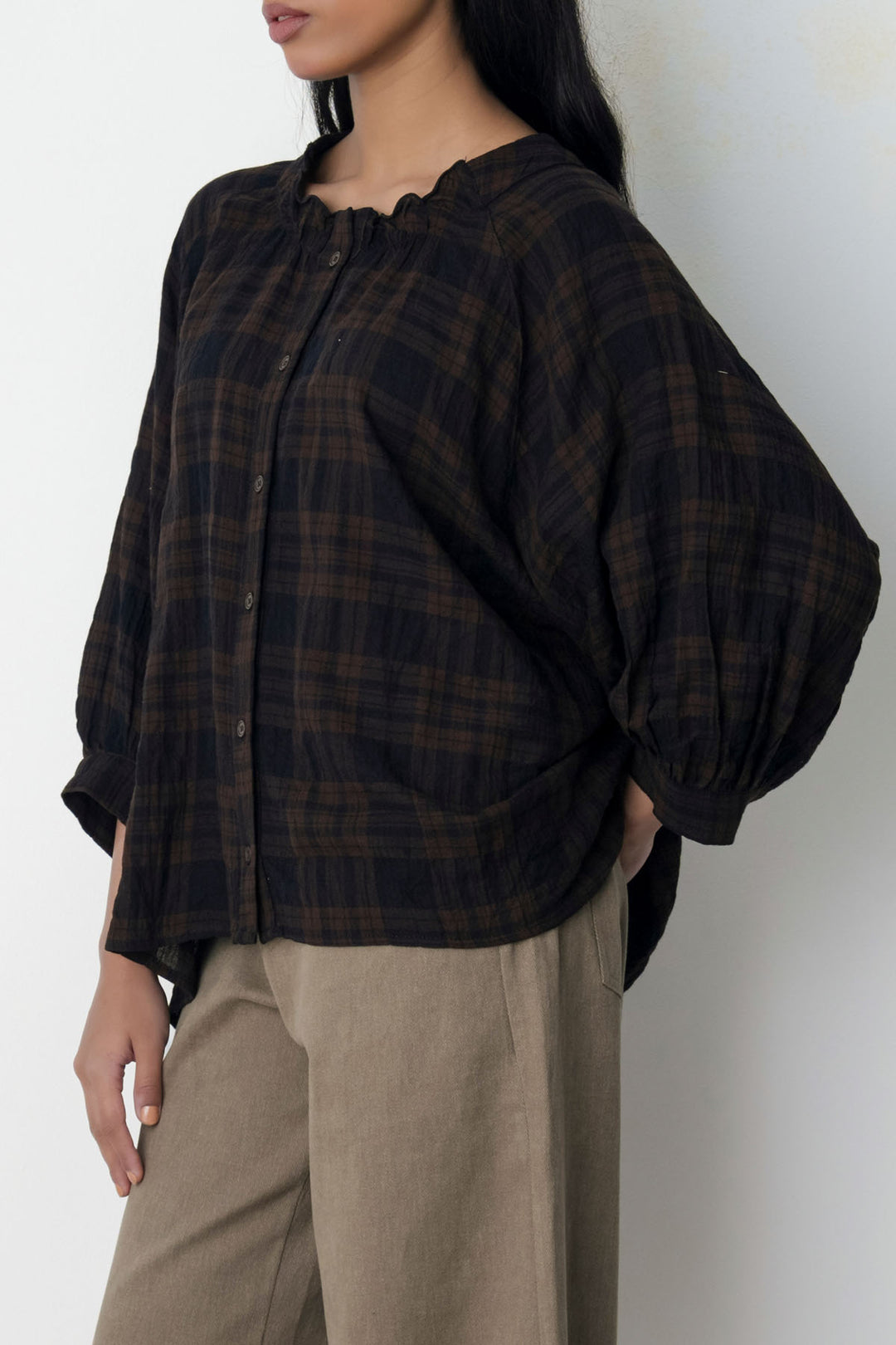 BROWN PLAID LOOSE BLOUSE
