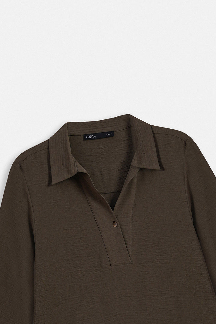 BROWN SLINKY HALF PLACKET BLOUSE