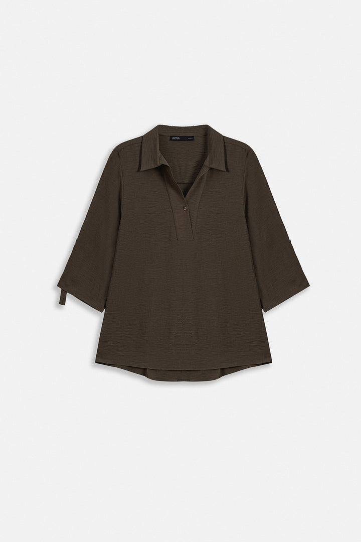 BROWN SLINKY HALF PLACKET BLOUSE