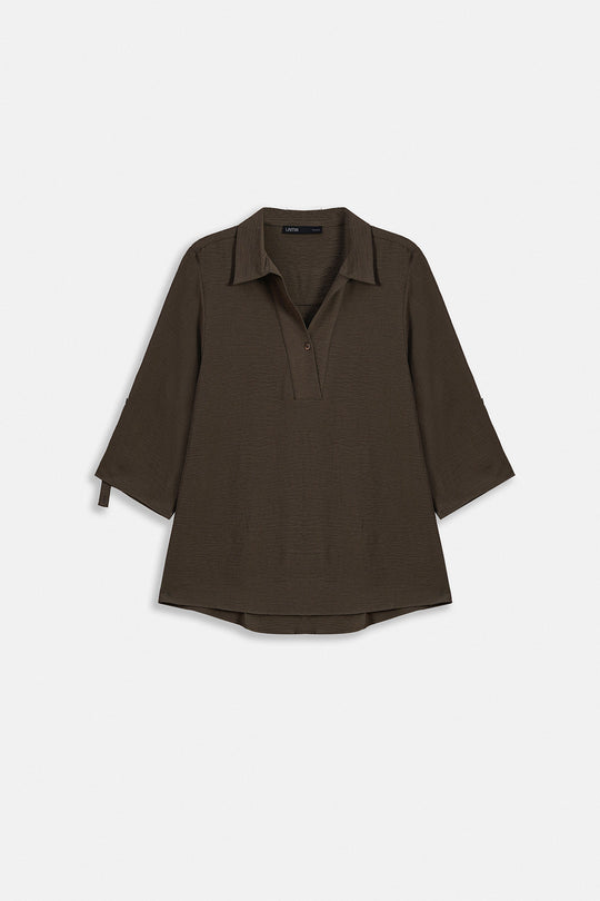 BROWN SLINKY HALF PLACKET BLOUSE