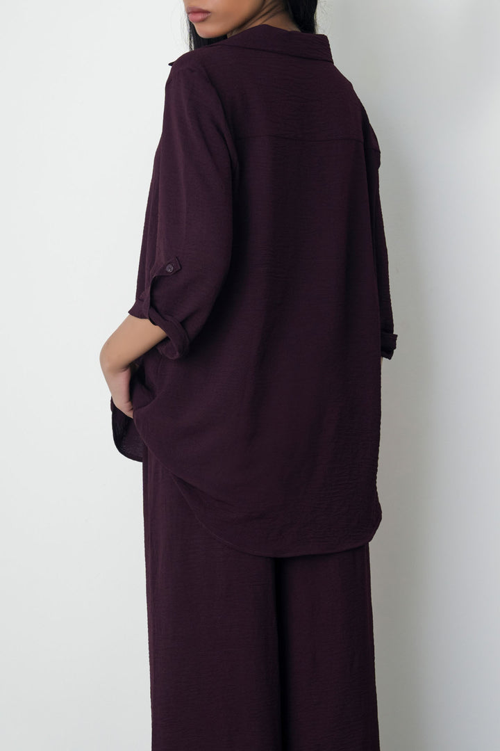 WINE SLINKY HALF PLACKET BLOUSE