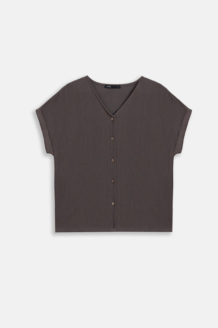 BROWN V-NECK KNIT BLOUSE