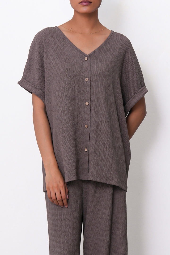 BROWN V-NECK KNIT BLOUSE
