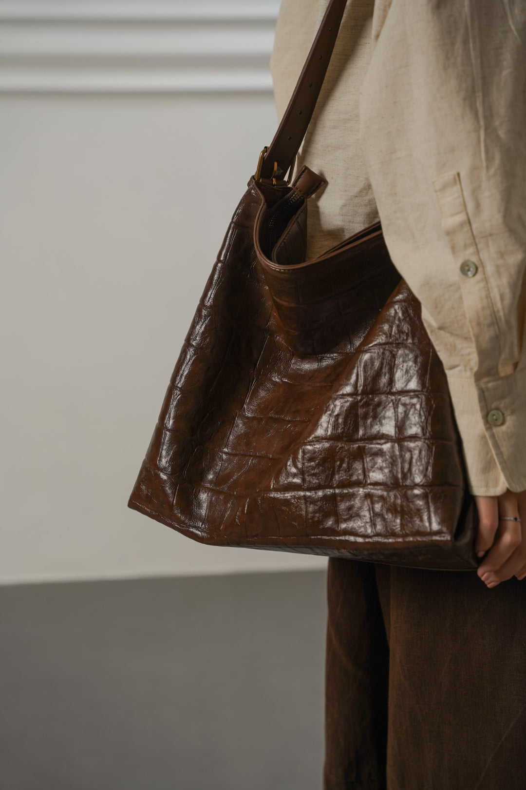 BROWN EMBOSSED TOTE BAG