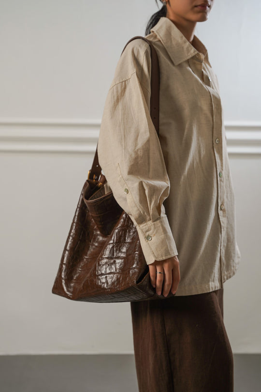 BROWN EMBOSSED TOTE BAG