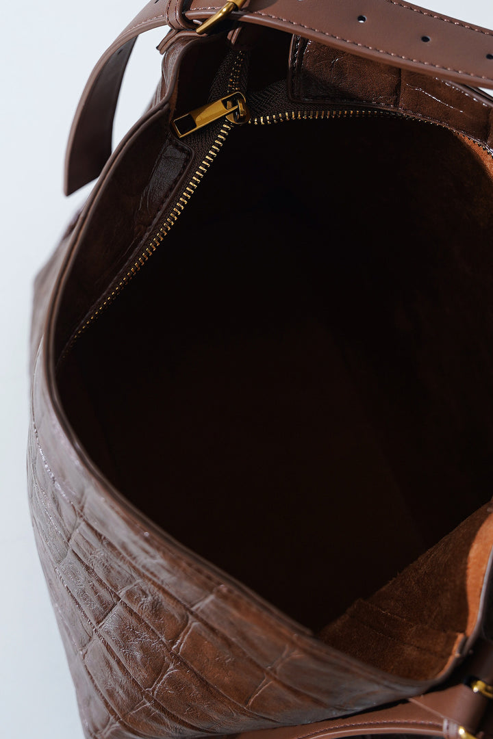 BROWN EMBOSSED TOTE BAG